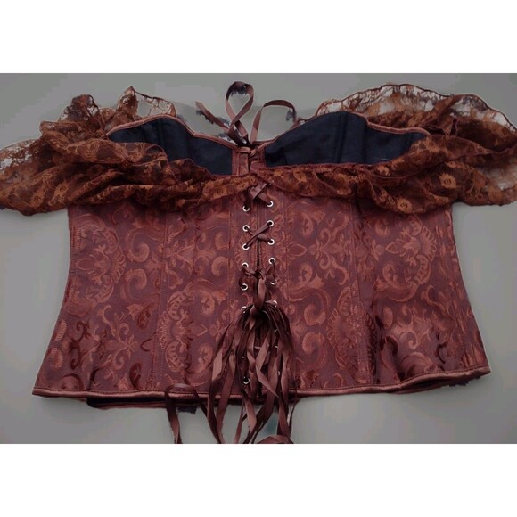 New Short Corset Top Brown Spider Web Goth Metal Toggle Front Lace Up Back 5X - Picture 2 of 8